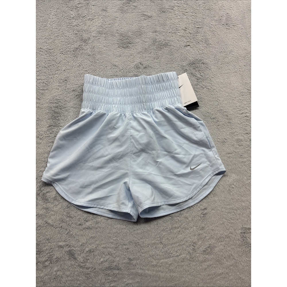 Nike Womens Dri-FIT High Waisted Smocked Training Shorts Light Blue Size XS